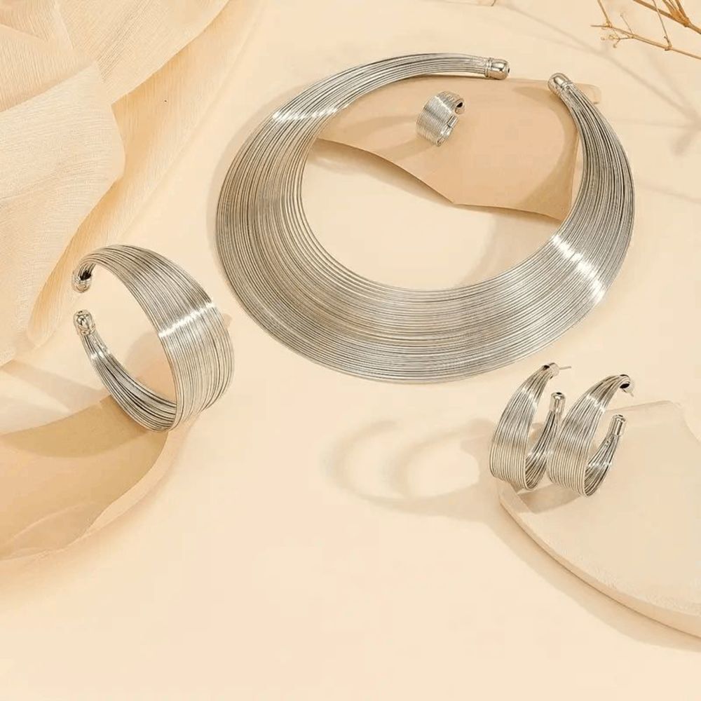 STERLING SILVER MULTI LAYER NECKLACE, CUFF BRACELET, EARRINGS, & RING SET